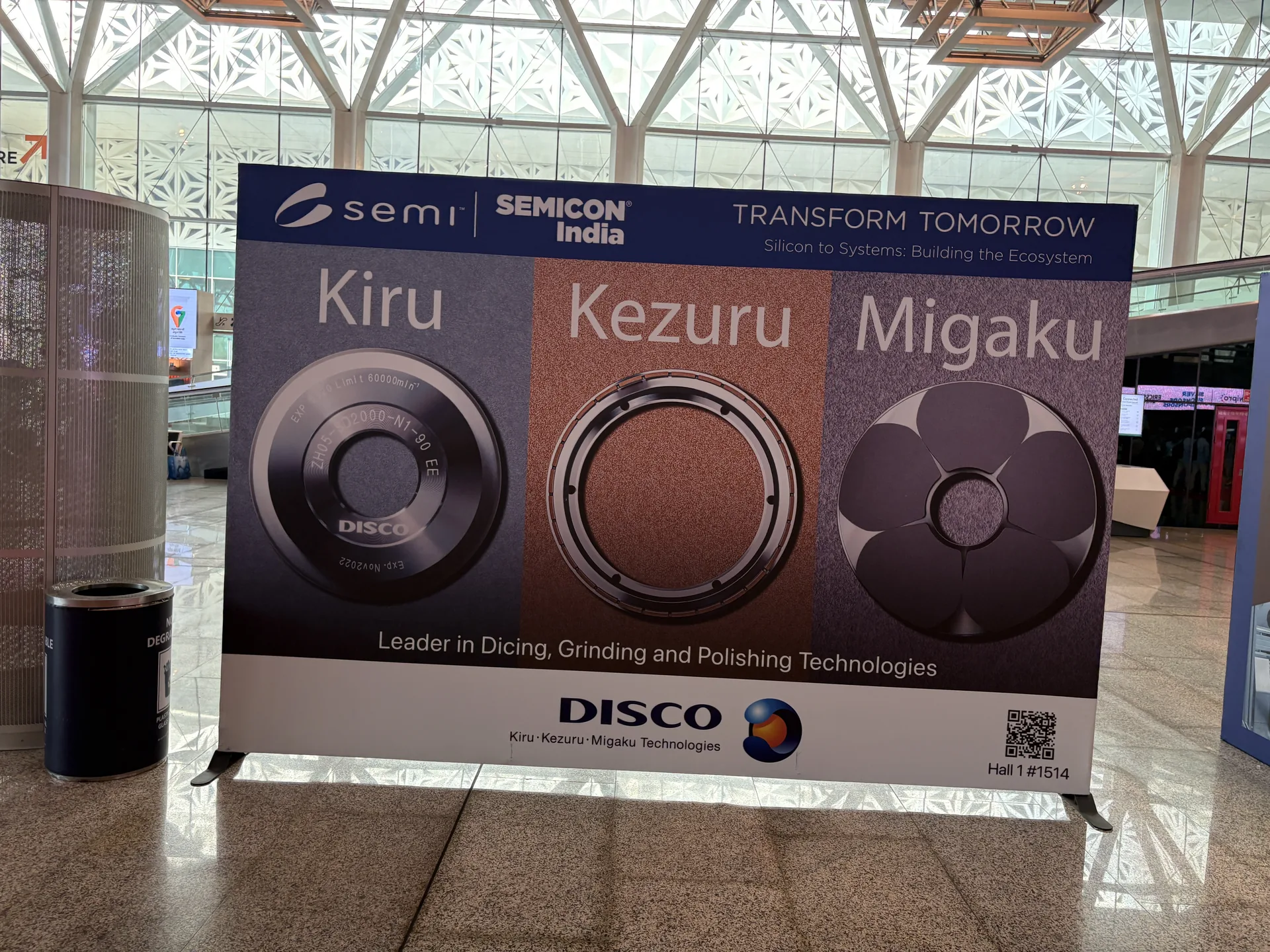 DISCO Corporation booth at SEMICON India 2026 highlighting Kiru Kezuru Migaku cutting grinding polishing