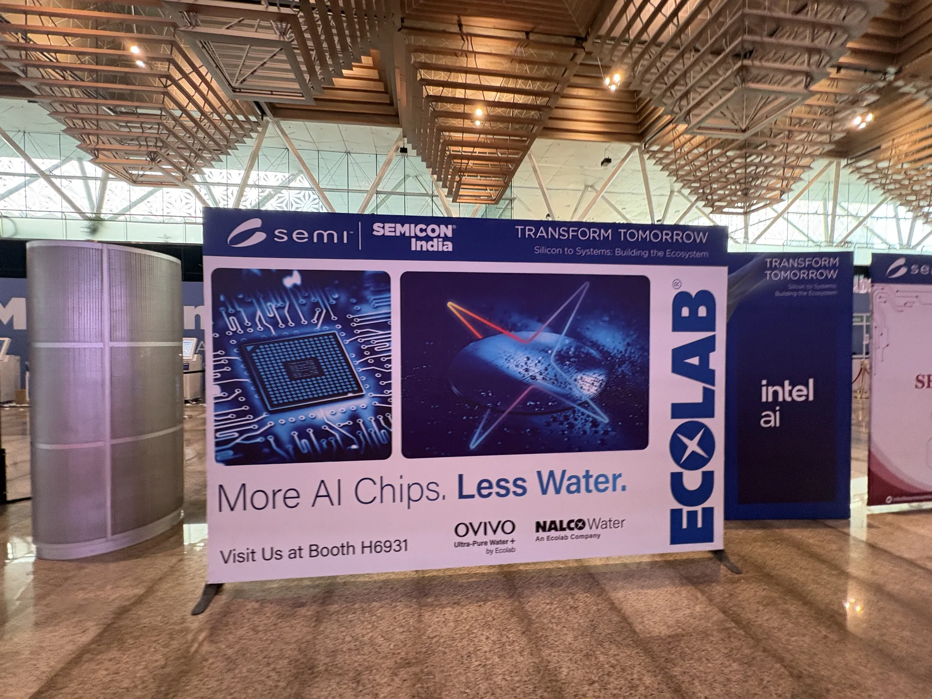 OVIVO and Nalco Water Ecolab booth at SEMICON India 2026 showing More AI Chips Less Water slogan